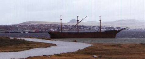 Stanley, as seen through the all-steel (including the masts!) 19th century wreck of 'The Lady Elizabeth'